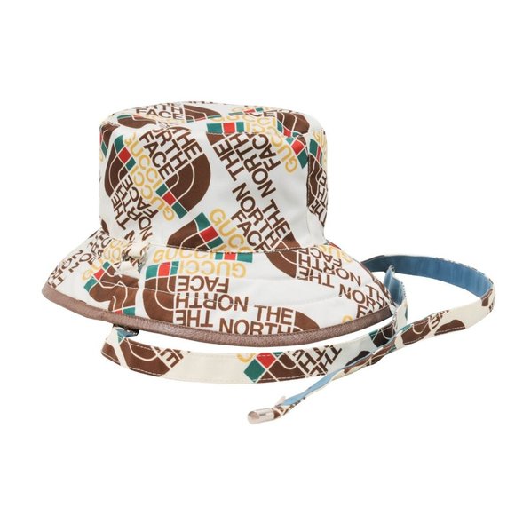 Gucci Mens The North Face All Over Logo Bucket Hat White Brown Nylon Adjustable - Picture 1 of 9